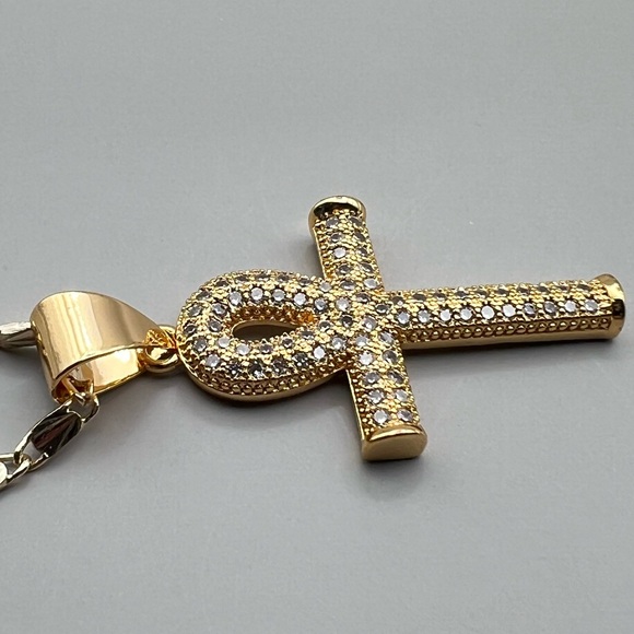 New Ankh Gold Tone CZ Iced Pendant Necklace with 22” Chain - Picture 5 of 8